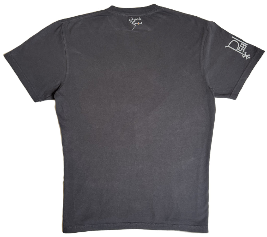 Gray t-shirt with logos on the back and sleeve against a white background