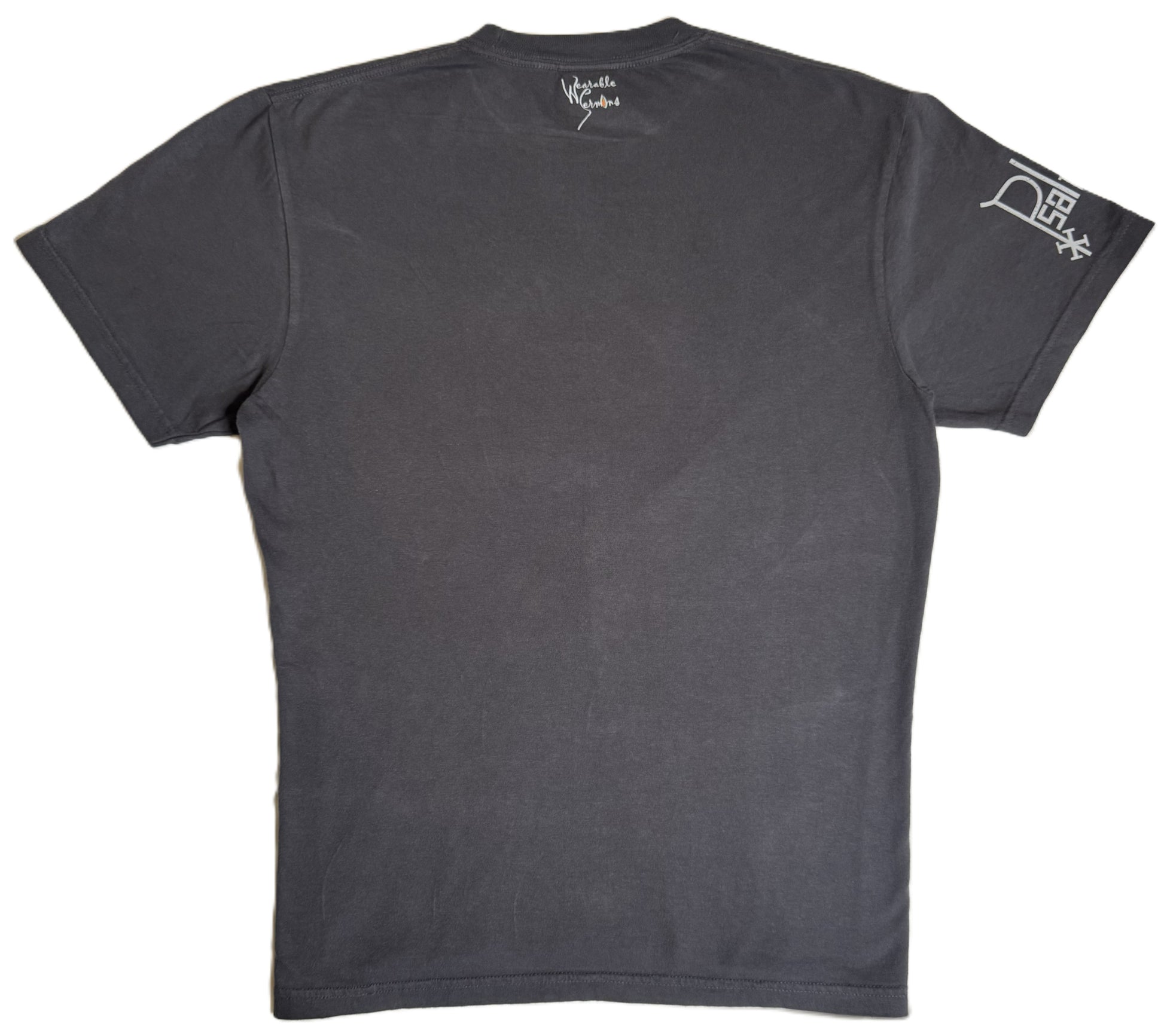 Gray t-shirt with logos on the back and sleeve against a white background