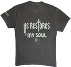 Gray t-shirt with white text 'He Restores My Soul' on a white background