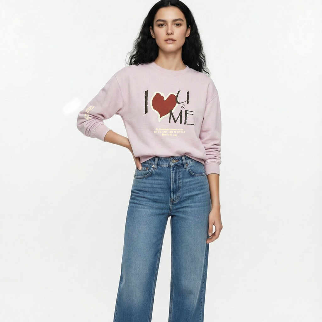 "I Love U & Me" Boxy Blush Crewneck Women Sweatshirt